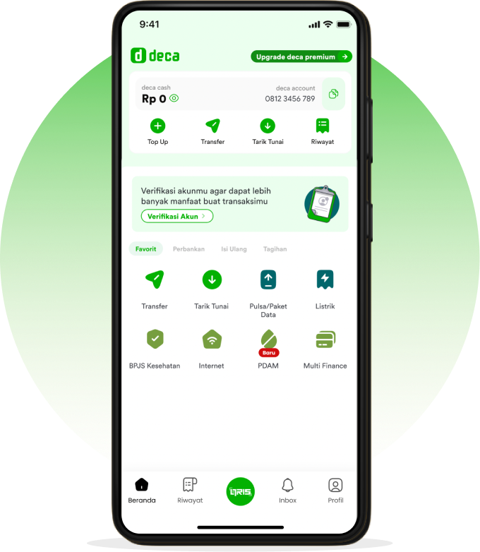 Beranda aplikasi DECA dengan ajakan verifikasi akun dan tombol Verifikasi Akun.